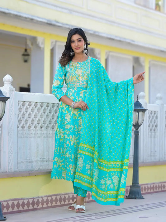 Sea Green Zari_Work Anarkali Pant Dupatta Set-Yufta Store-6930SKDSGS