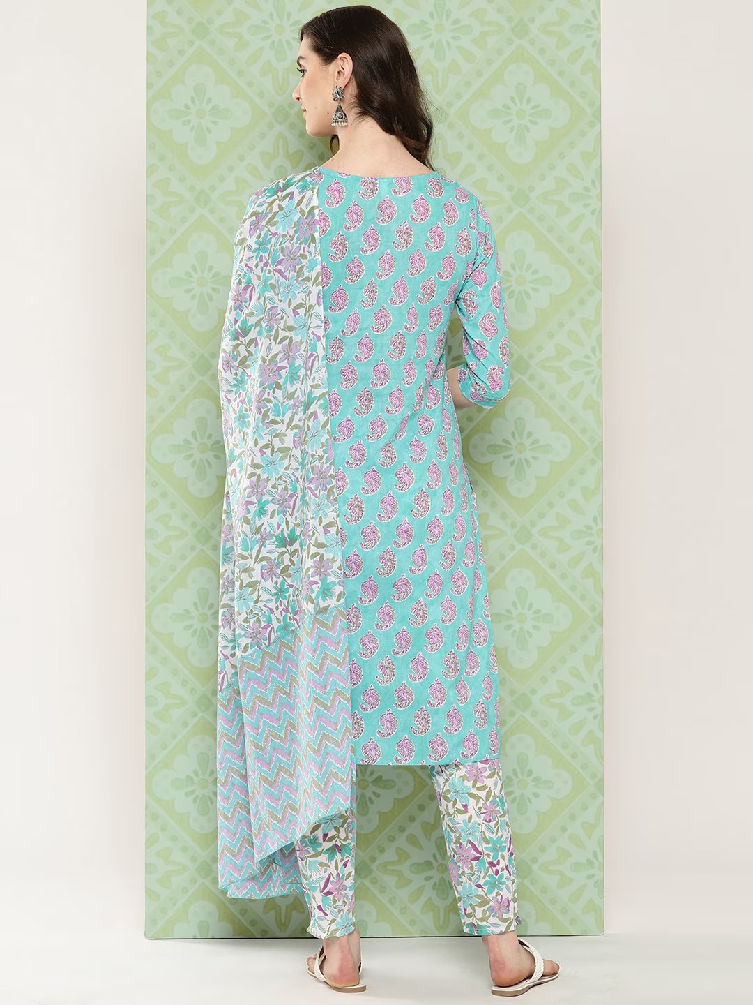 Sea green Paisley Printed Pure Cotton Kurta with Trousers & With Dupatta Set-Yufta Store-1474SKDSGS