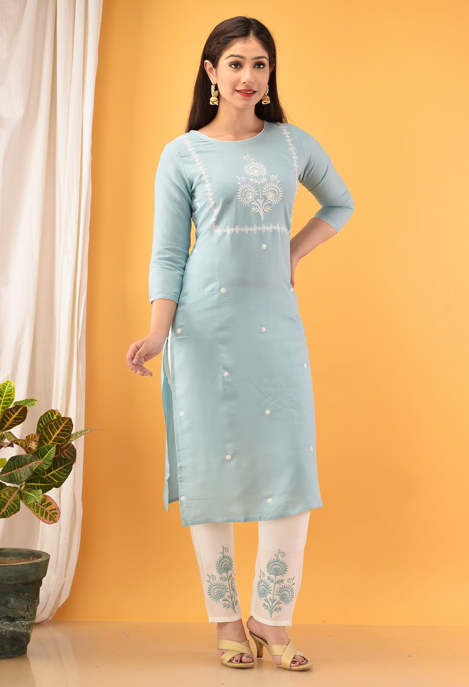 Sky Blue Embroidered Kurta Set-Yufta Store-2714SETSBM