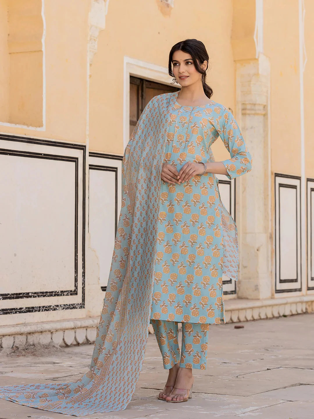 Sky Blue Floral Print Sequins_Work Straight Kurta Trouser And Dupatta Set-Yufta Store-6879SKDSBS