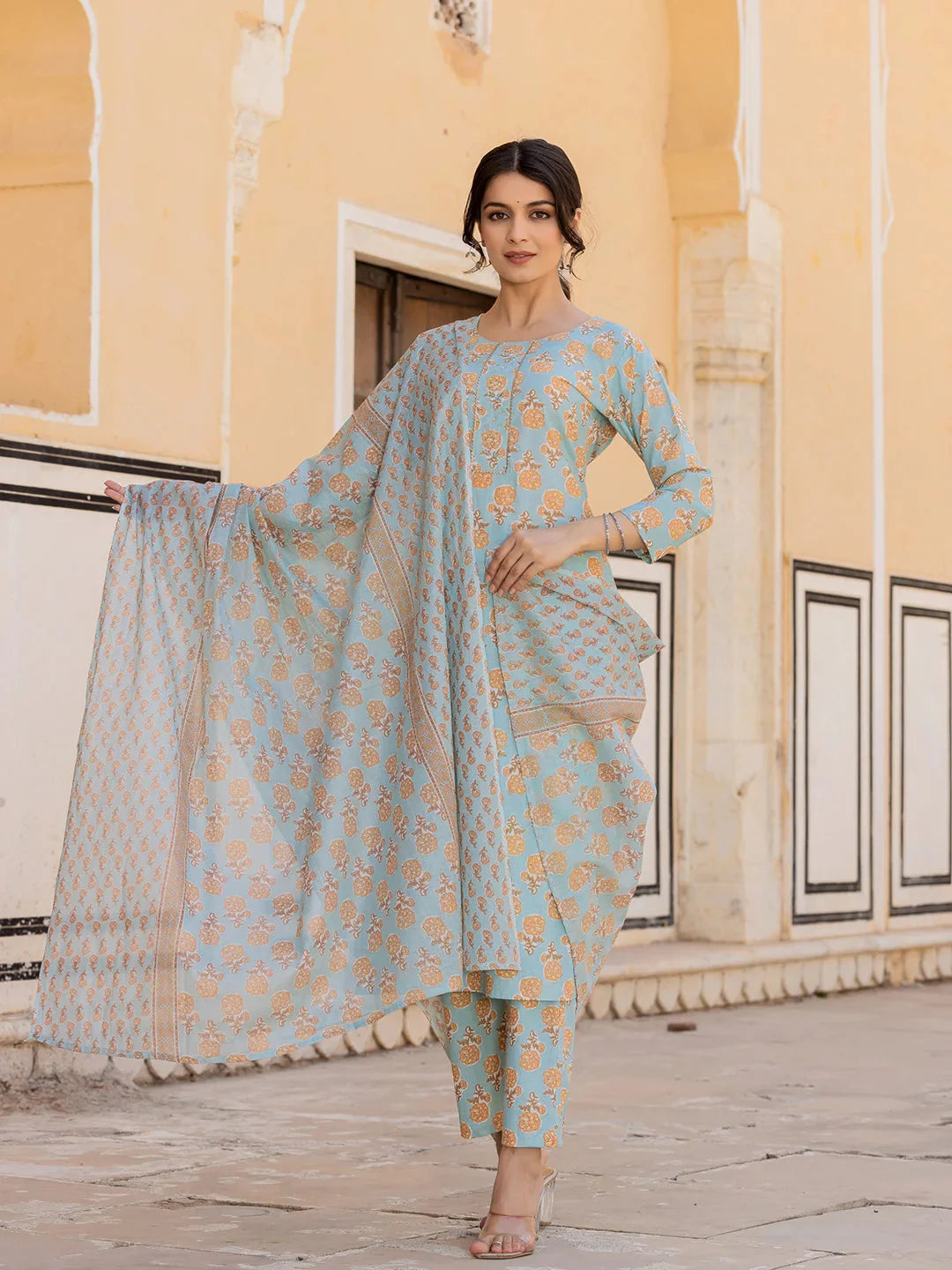 Sky Blue Floral Print Sequins_Work Straight Kurta Trouser And Dupatta Set-Yufta Store-6879SKDSBS