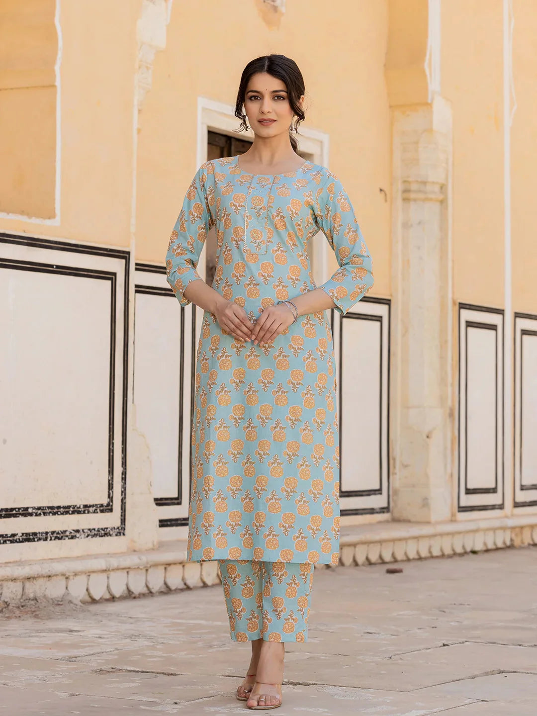 Sky Blue Floral Print Sequins_Work Straight Kurta Trouser And Dupatta Set-Yufta Store-6879SKDSBS