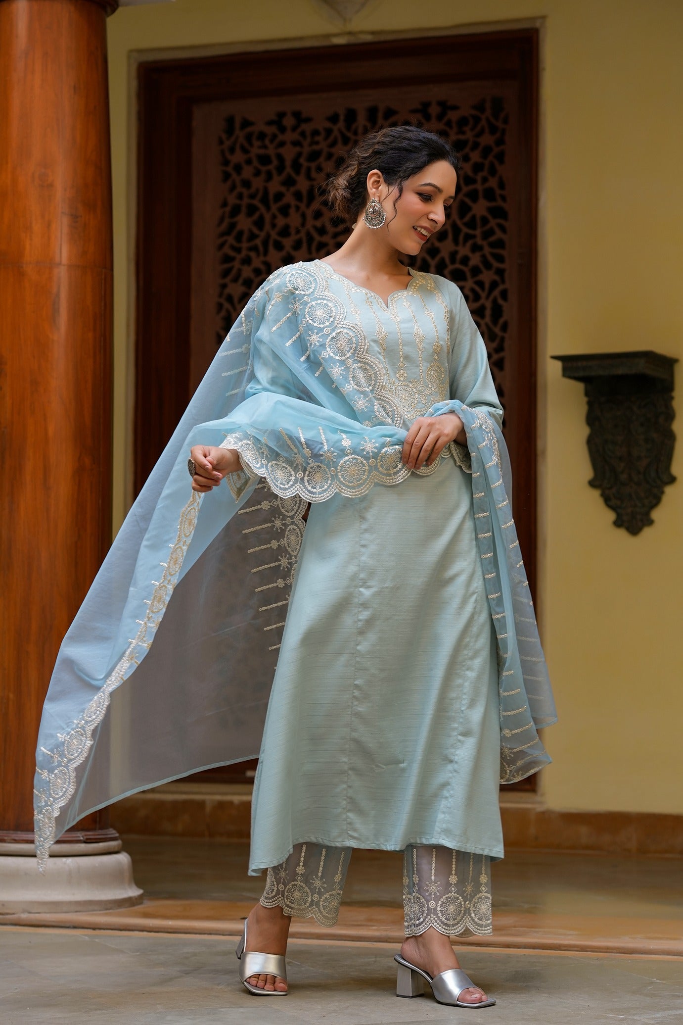 Sky blue kurta dupatta set-Yufta Store-1350SKDBLS