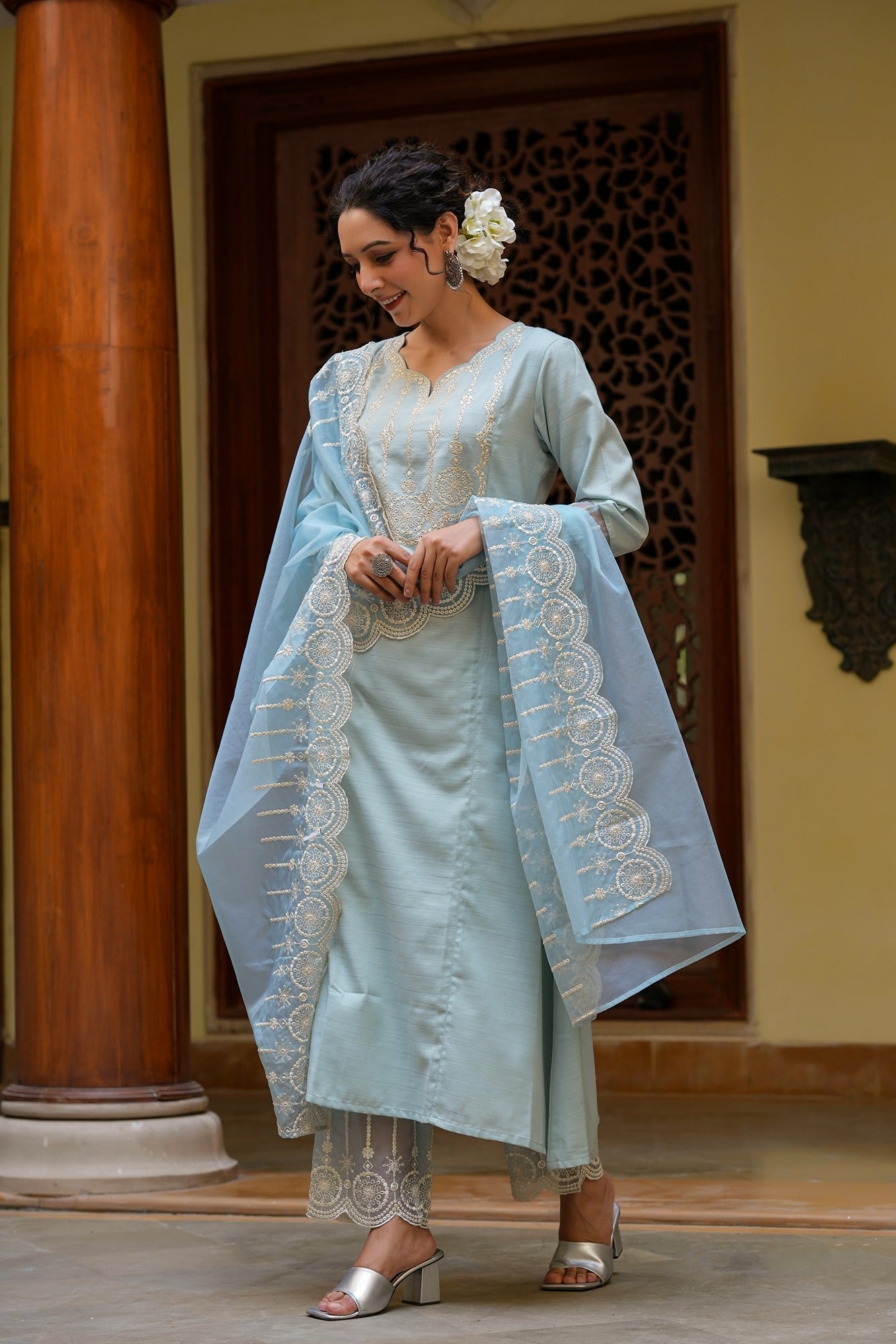 Sky blue kurta dupatta set-Yufta Store-1350SKDBLS