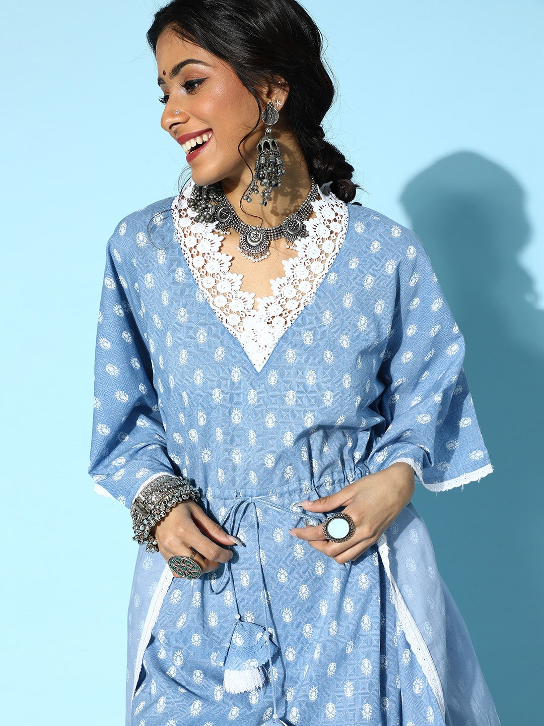 Stunning Blue Printed Kaftan Kurta-Yufta Store-9542KFTSBS