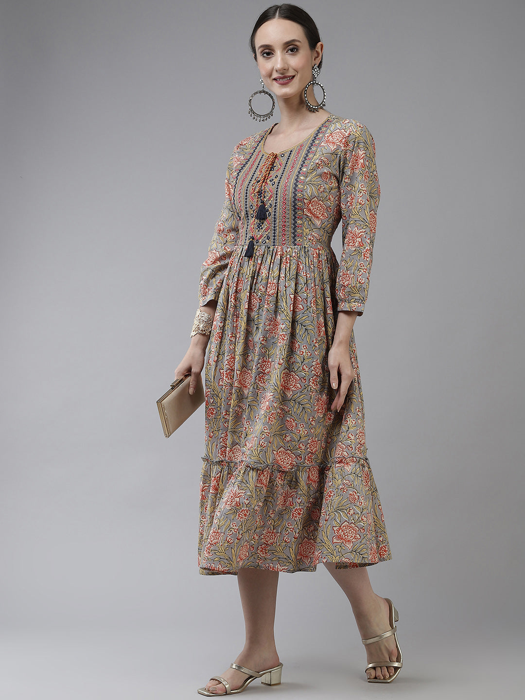 Taupe & Red Ethnic Midi Dress-Yufta Store-5213DRSGYS