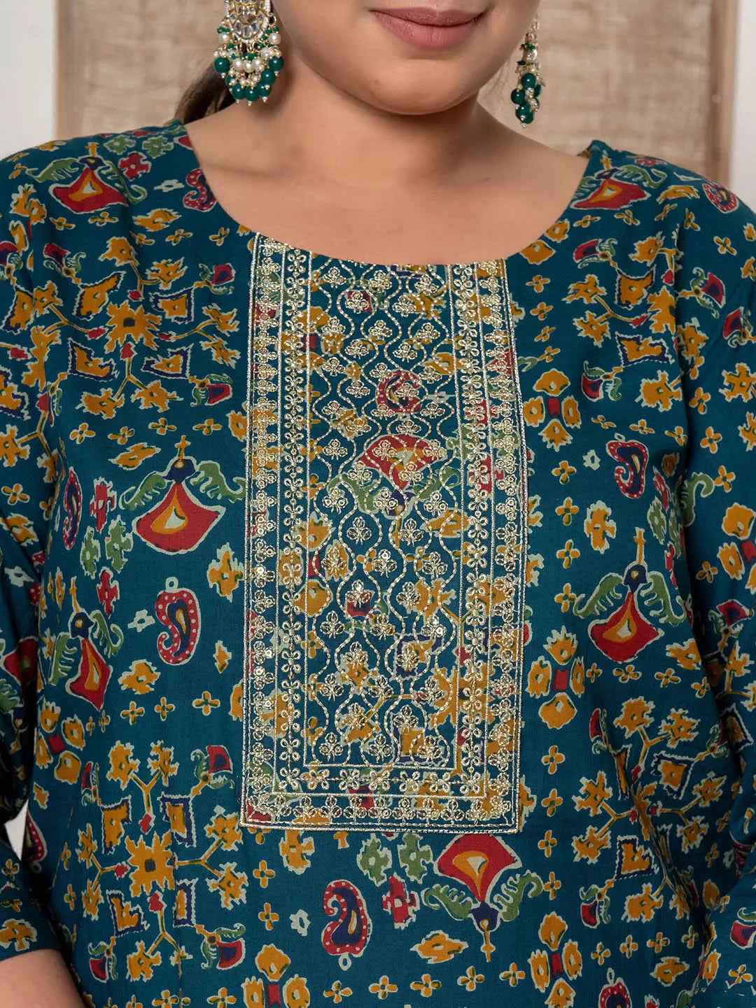 Teal Blue Cotton Printed Embroidered Plus Size Kurta Dupatta Set