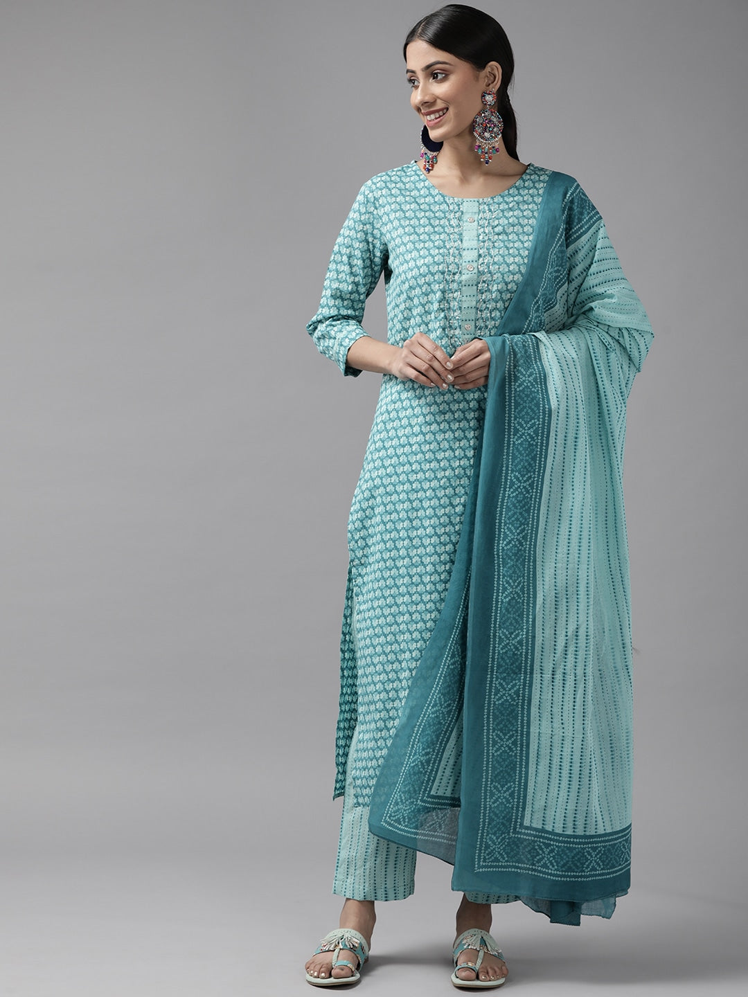 Teal Blue Printed Dupatta Set-Yufta Store-9726SKDTBS