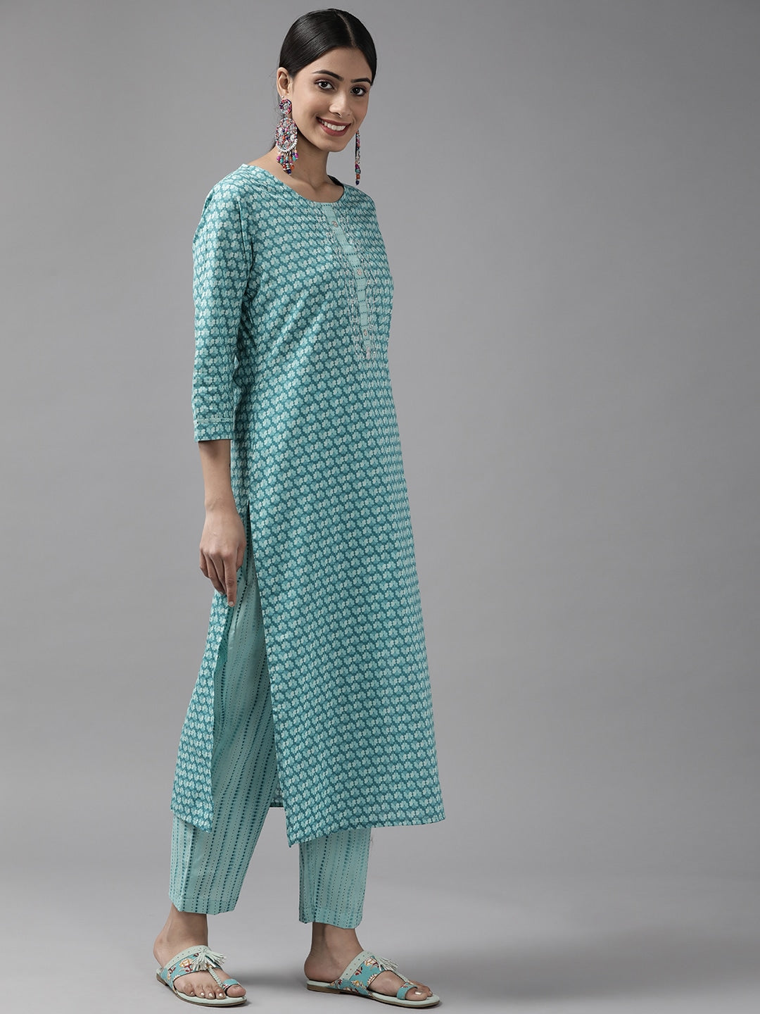 Teal Blue Printed Dupatta Set-Yufta Store-9726SKDTBS