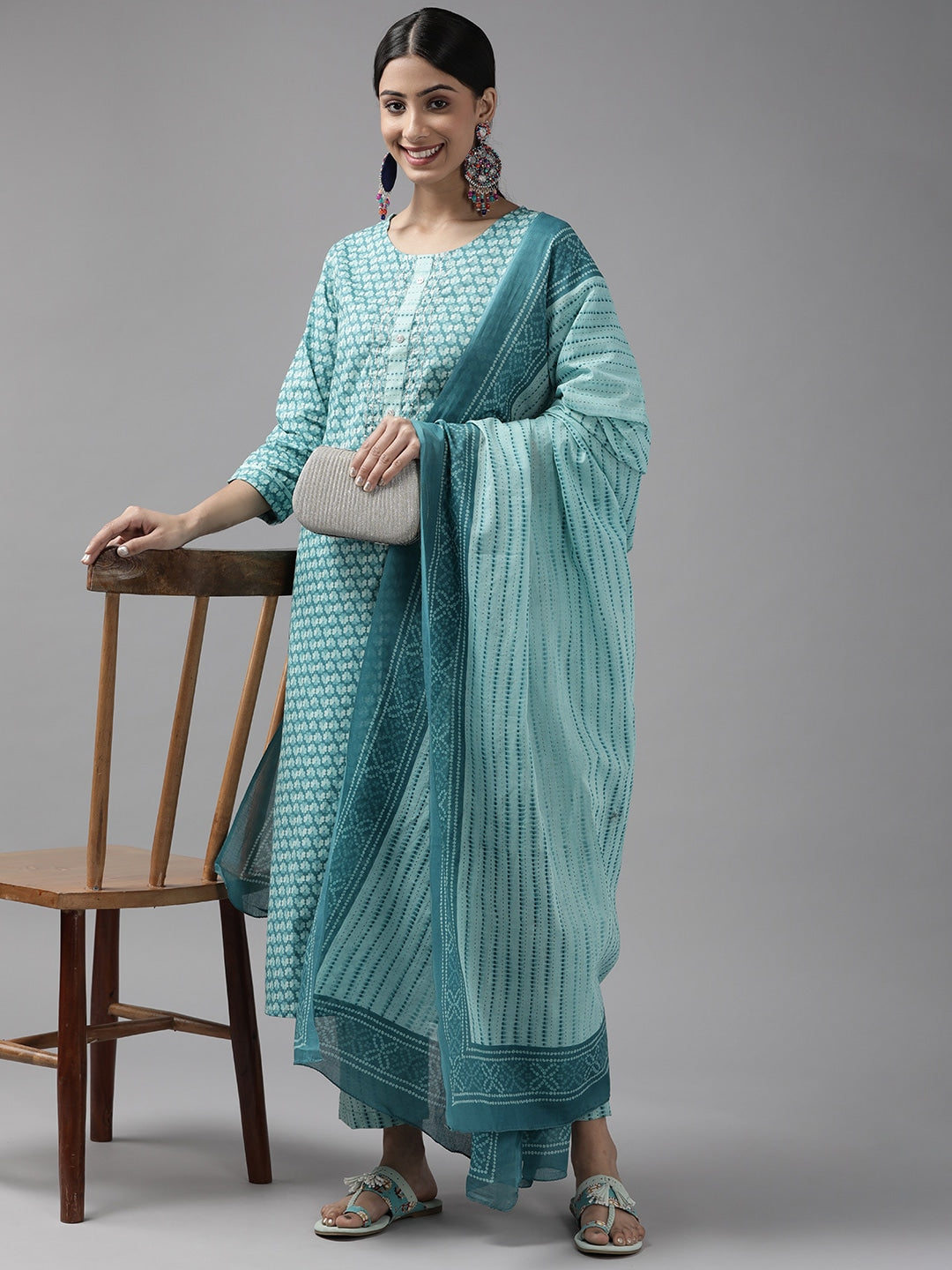 Teal Blue Printed Dupatta Set-Yufta Store-9726SKDTBS