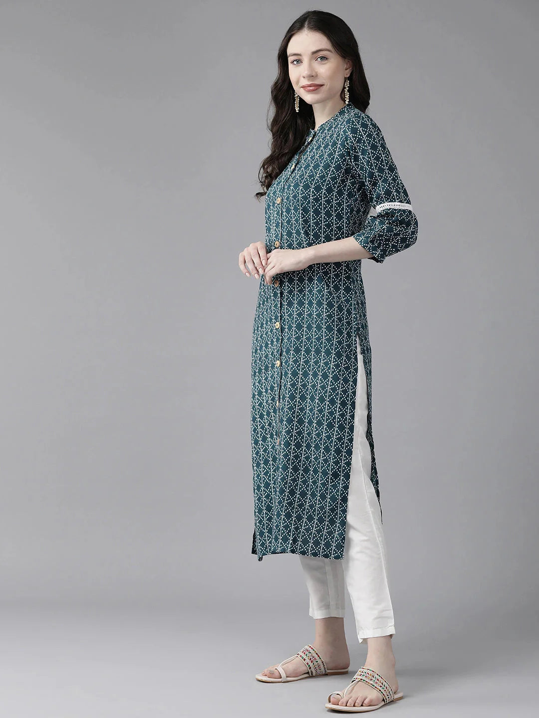 Teal Blue Printed Straight Kurta-Yufta Store-1110KURTBS