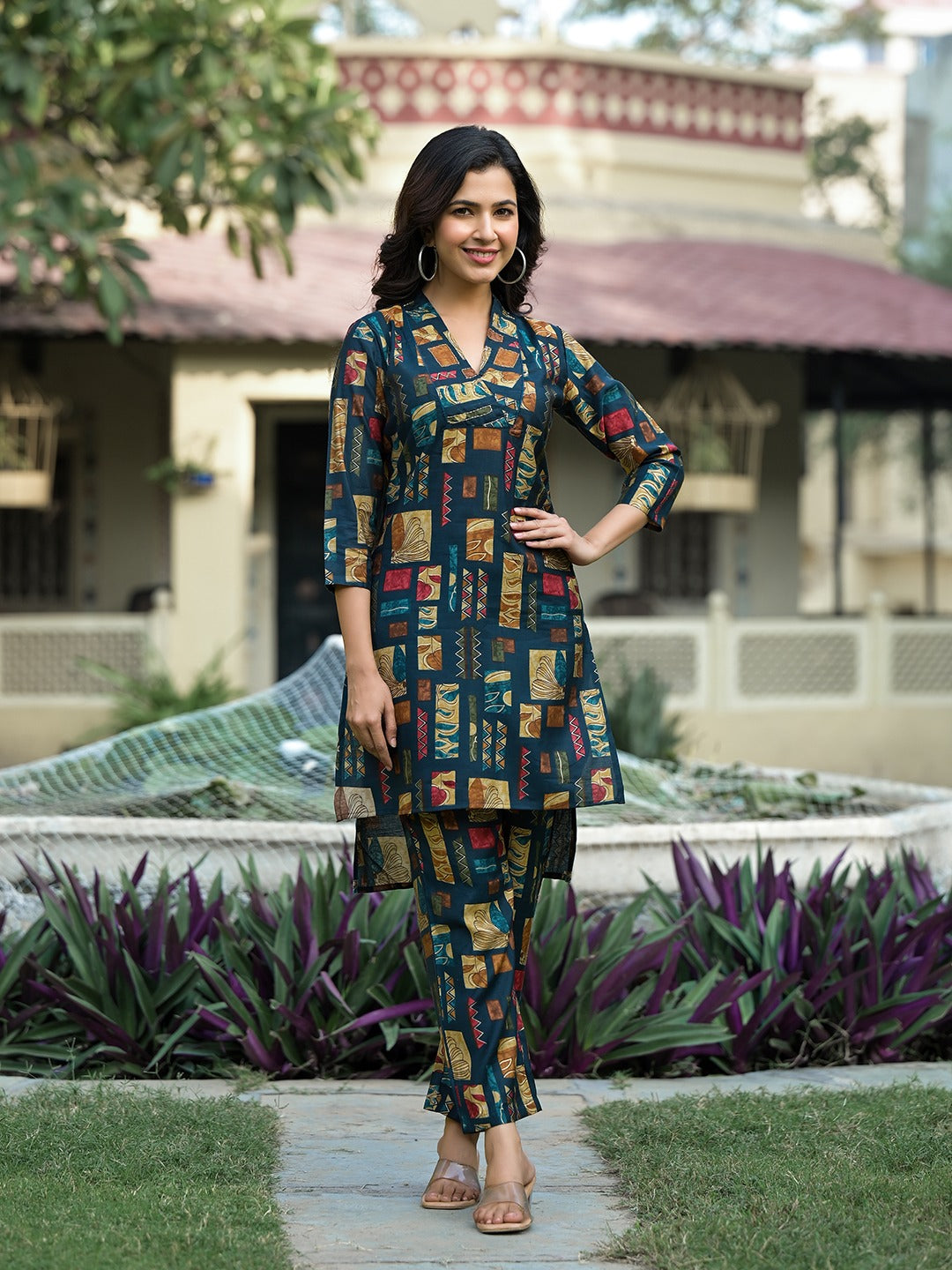 Teal Blue Silk blend Abstract Print Co-ord set-Yufta Store-1381CRDTBS