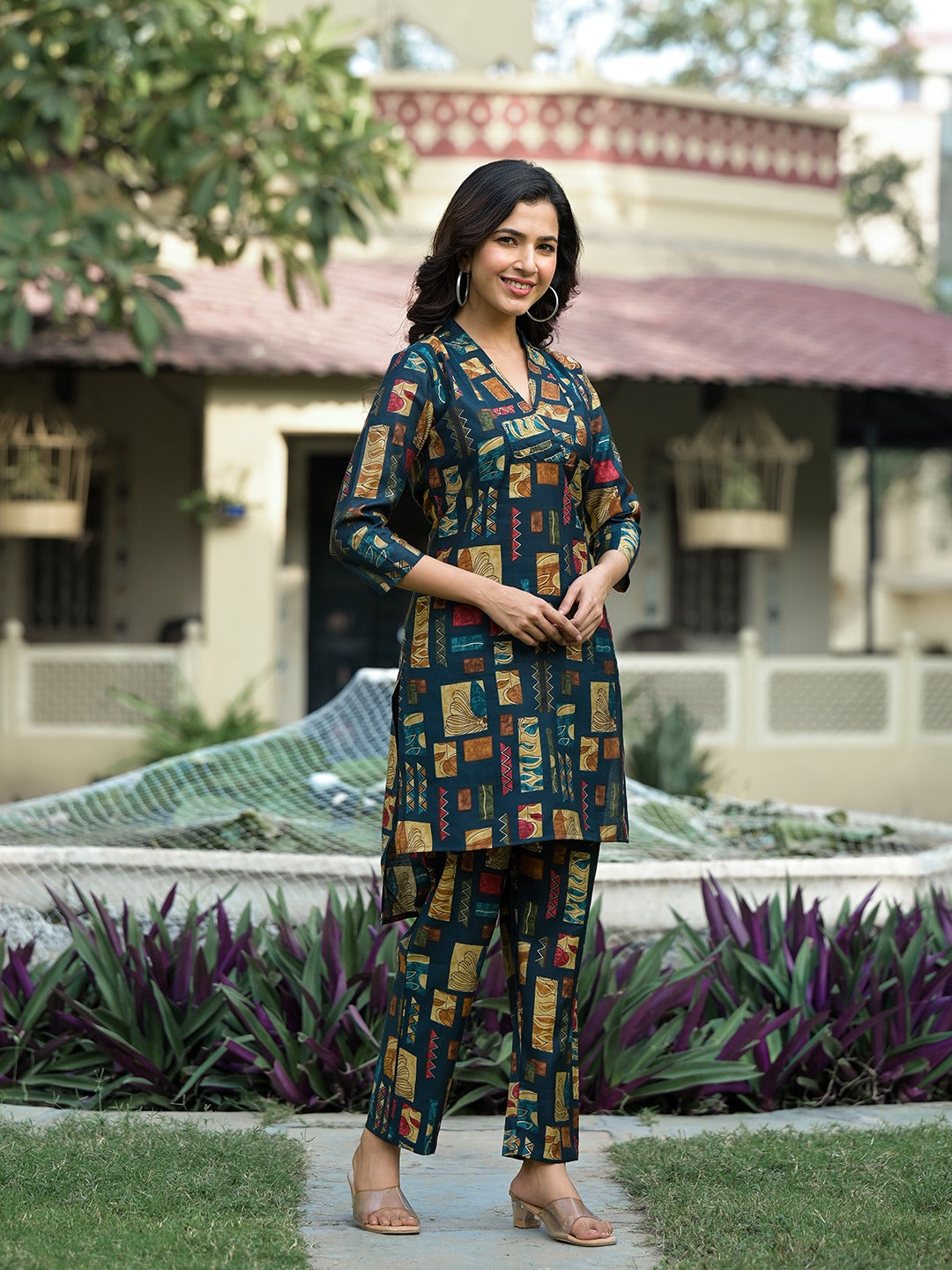 Teal Blue Silk blend Abstract Print Co-ord set-Yufta Store-1381CRDTBS