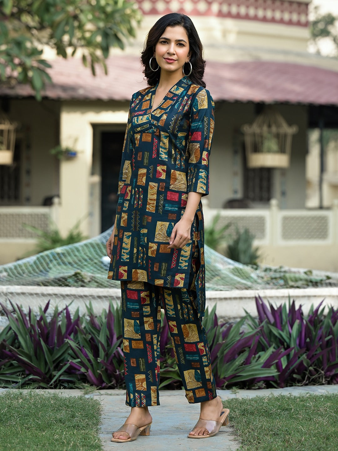 Teal Blue Silk blend Abstract Print Co-ord set-Yufta Store-1381CRDTBS