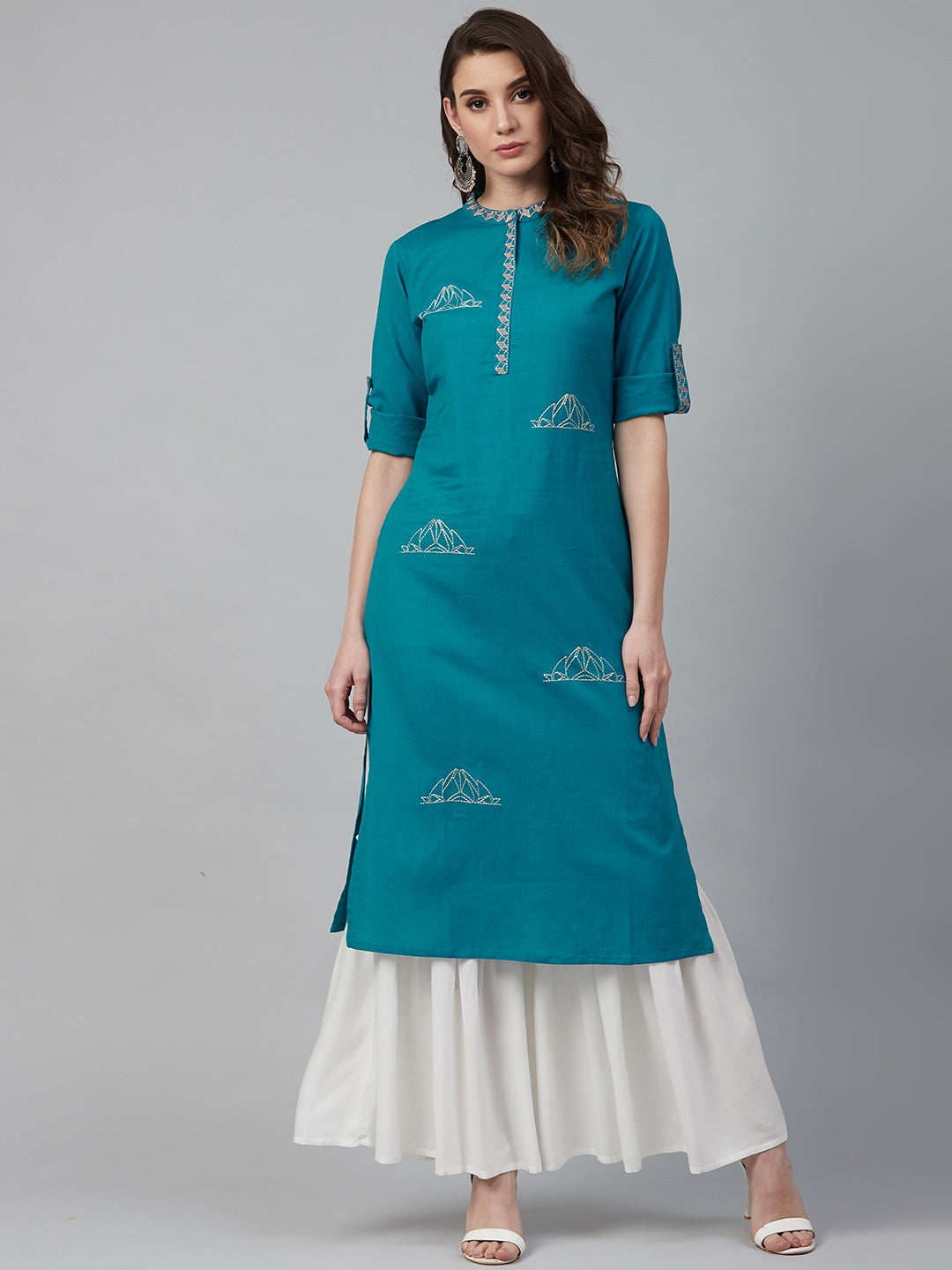 Teal Blue Solid Kurta-Yufta Store-7265KURRGS