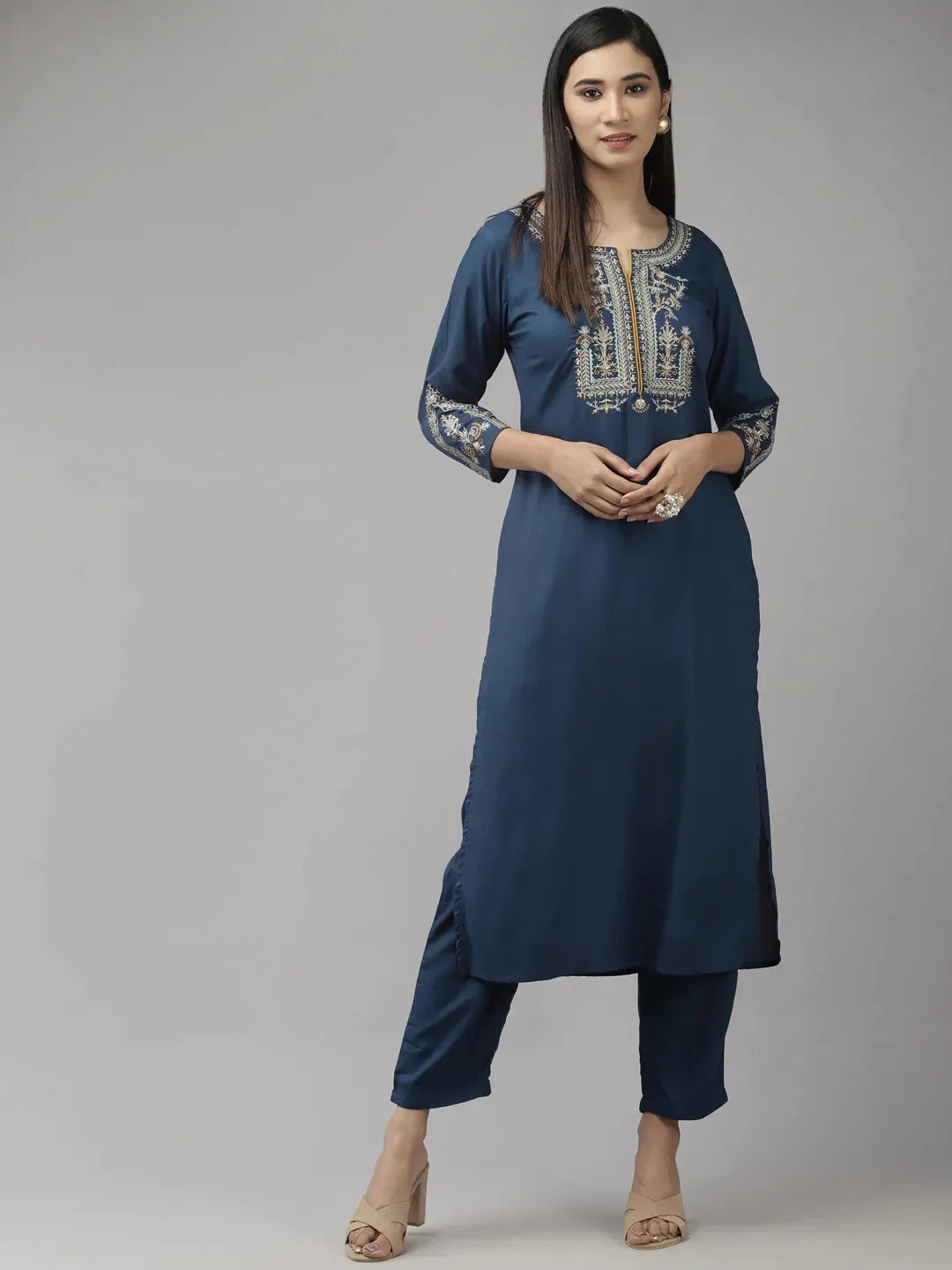 Teal Blue Yoke Design Kurta Set