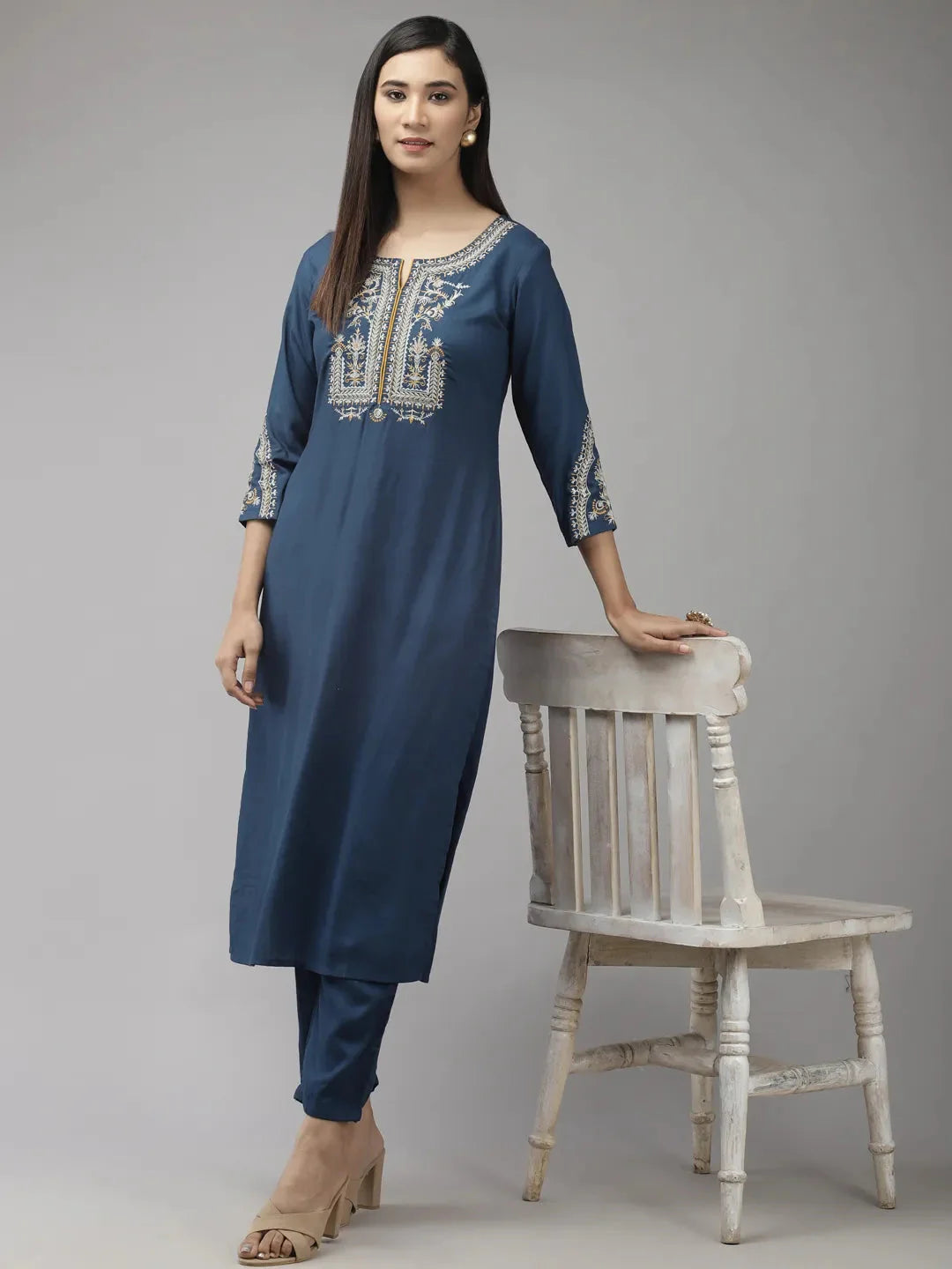 Teal Blue Yoke Design Kurta Set