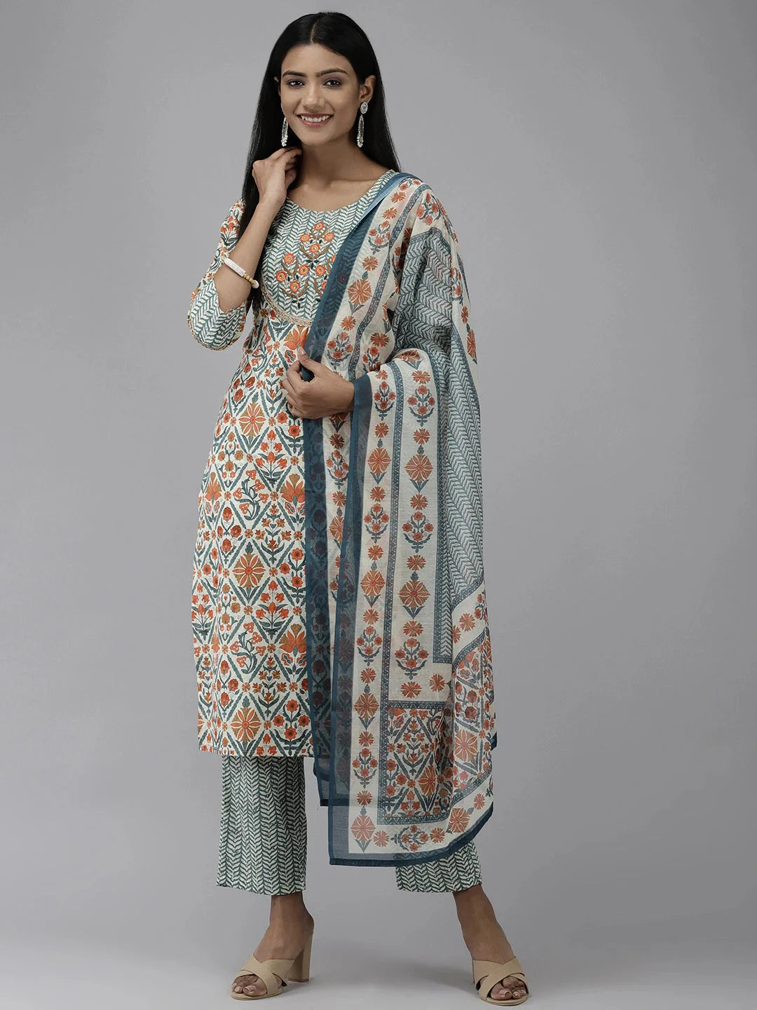 Teal Ethnic Printed Dupatta Set