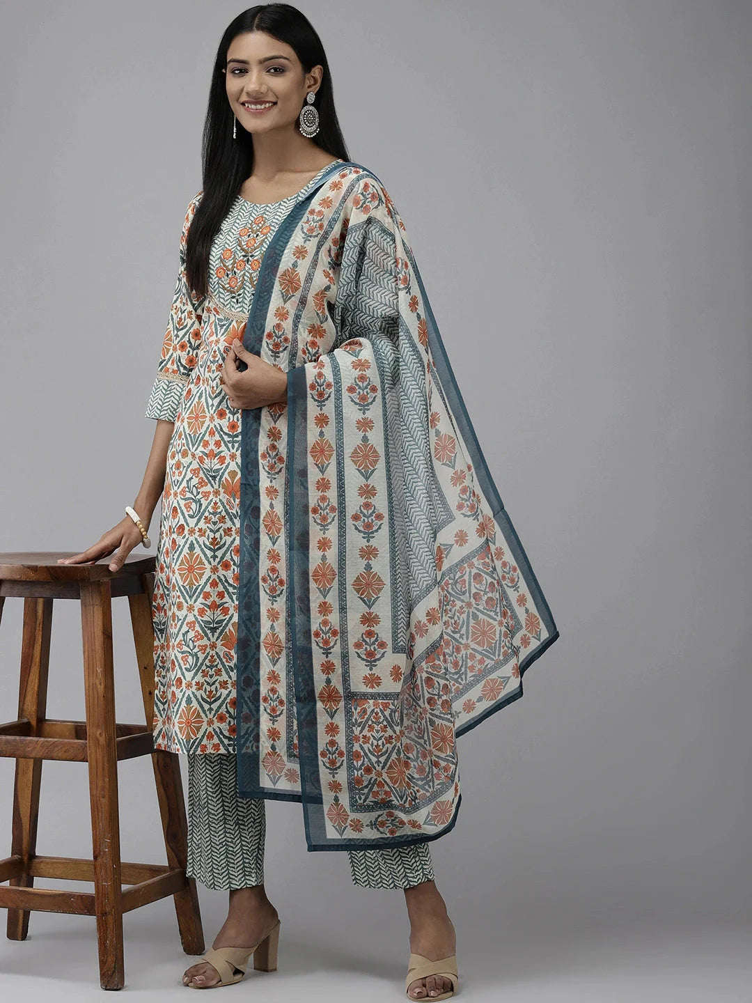 Teal Ethnic Printed Dupatta Set