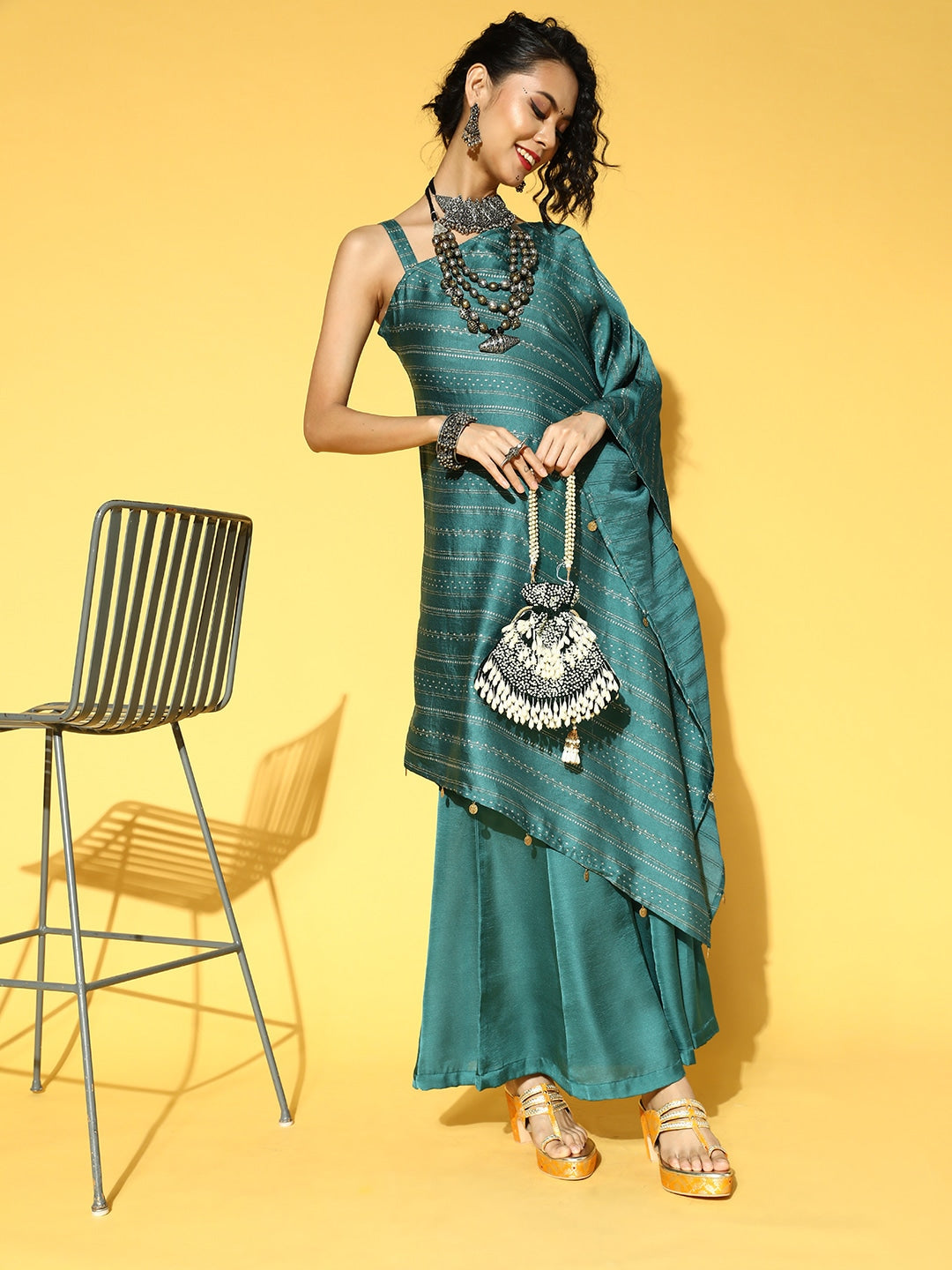 Teal Green & Golden Striped Co-Ords-Yufta Store-9630CRDTGXS