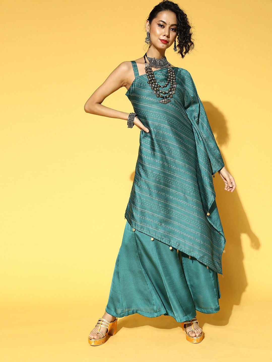 Teal Green & Golden Striped Co-Ords-Yufta Store-9630CRDTGXS