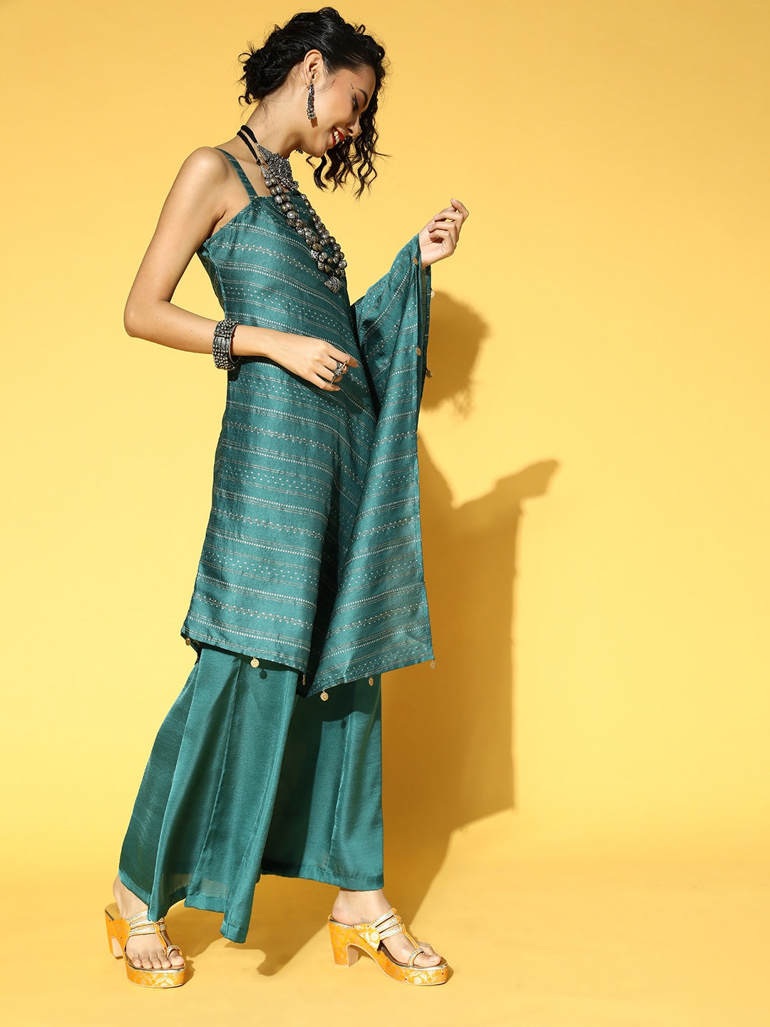 Teal Green & Golden Striped Co-Ords-Yufta Store-9630CRDTGXS