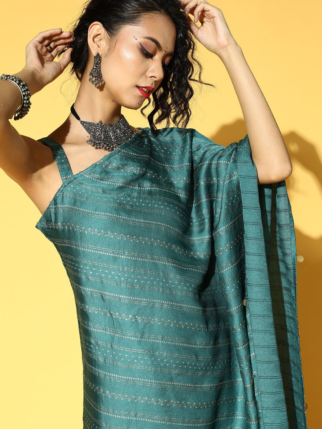 Teal Green & Golden Striped Co-Ords-Yufta Store-9630CRDTGXS