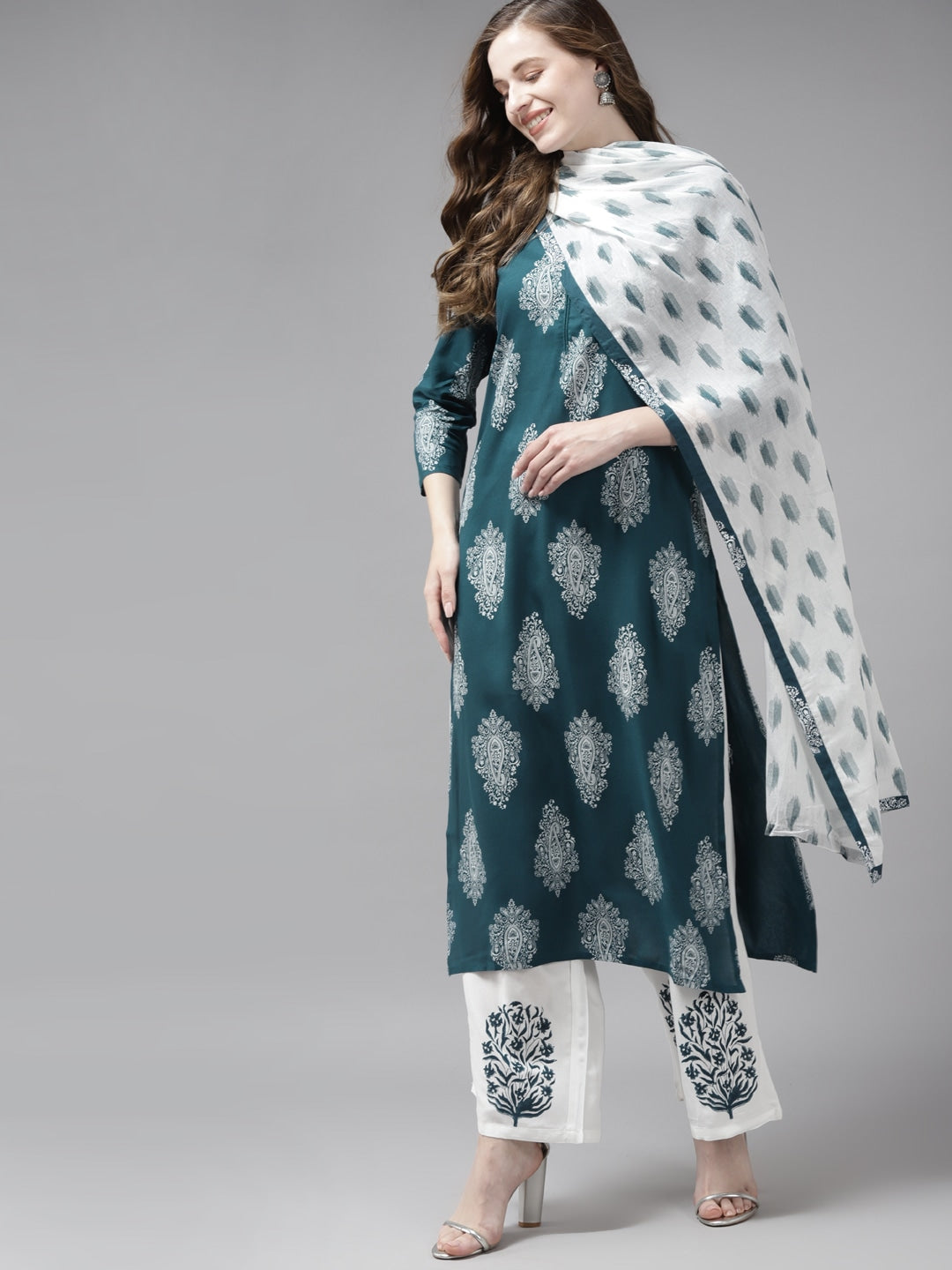 Teal Green & Offwhite Printed Dupatta Set-Yufta Store-7298SETTGS