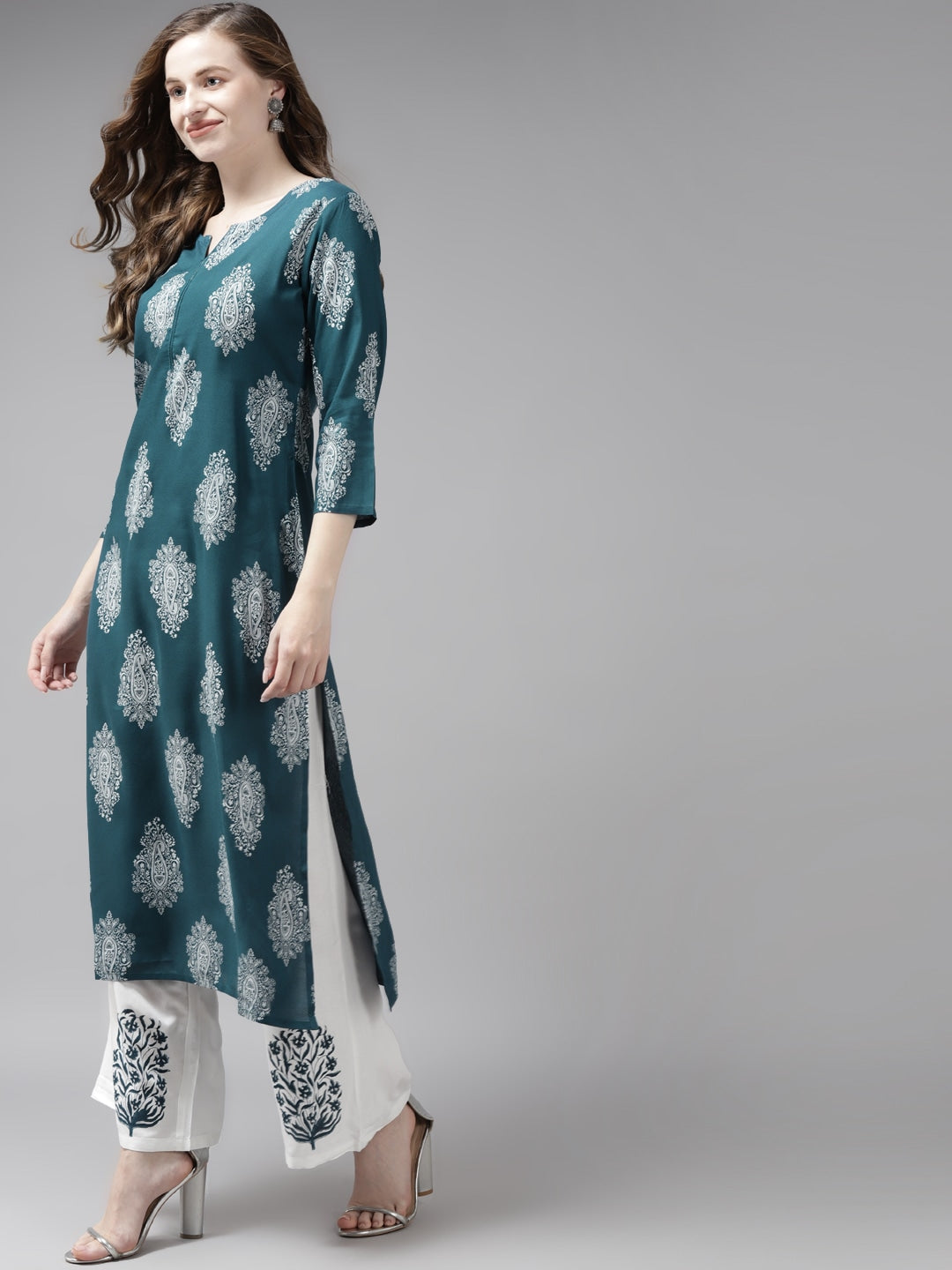 Teal Green & Offwhite Printed Dupatta Set-Yufta Store-7298SETTGS