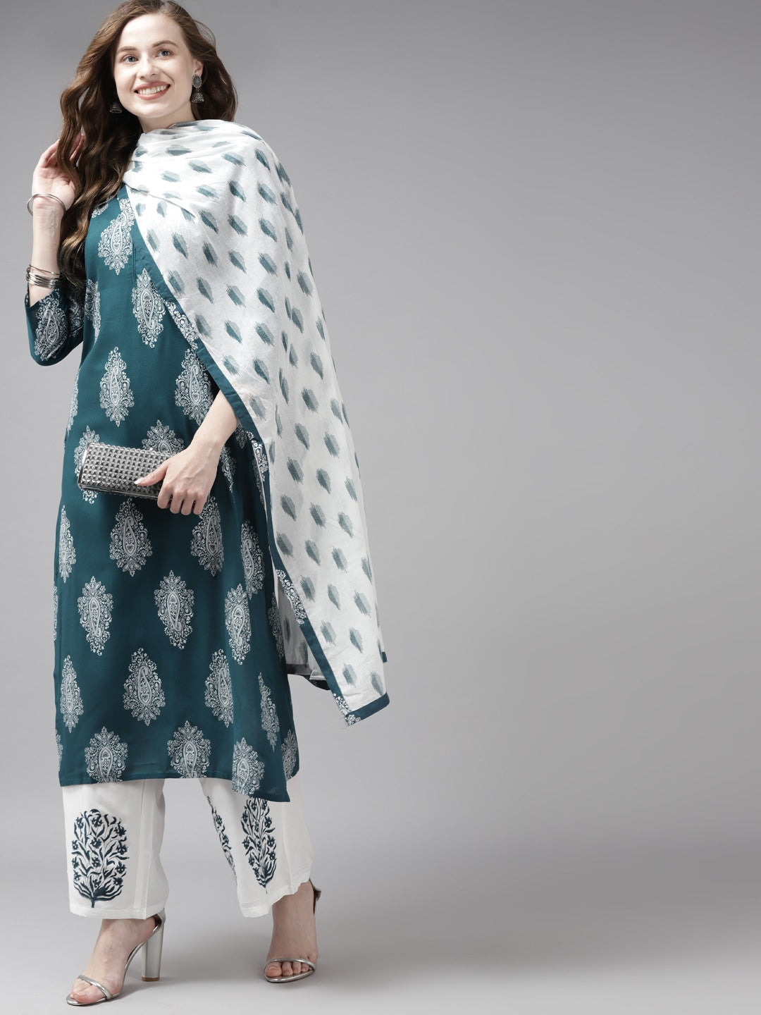 Teal Green & Offwhite Printed Dupatta Set-Yufta Store-7298SETTGS