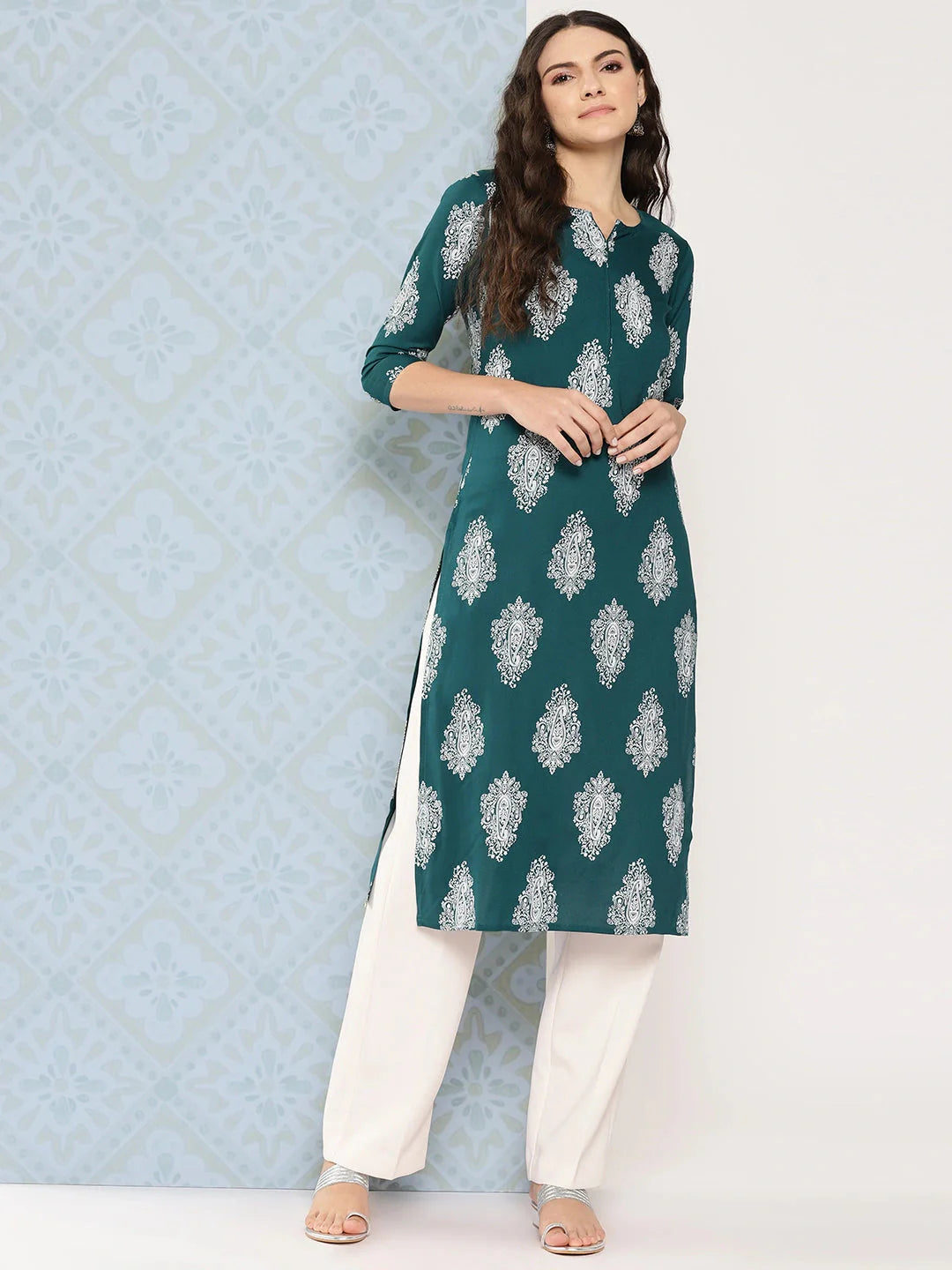 Teal Green Paisley Printed Kurta-Yufta Store-1482KURTGS