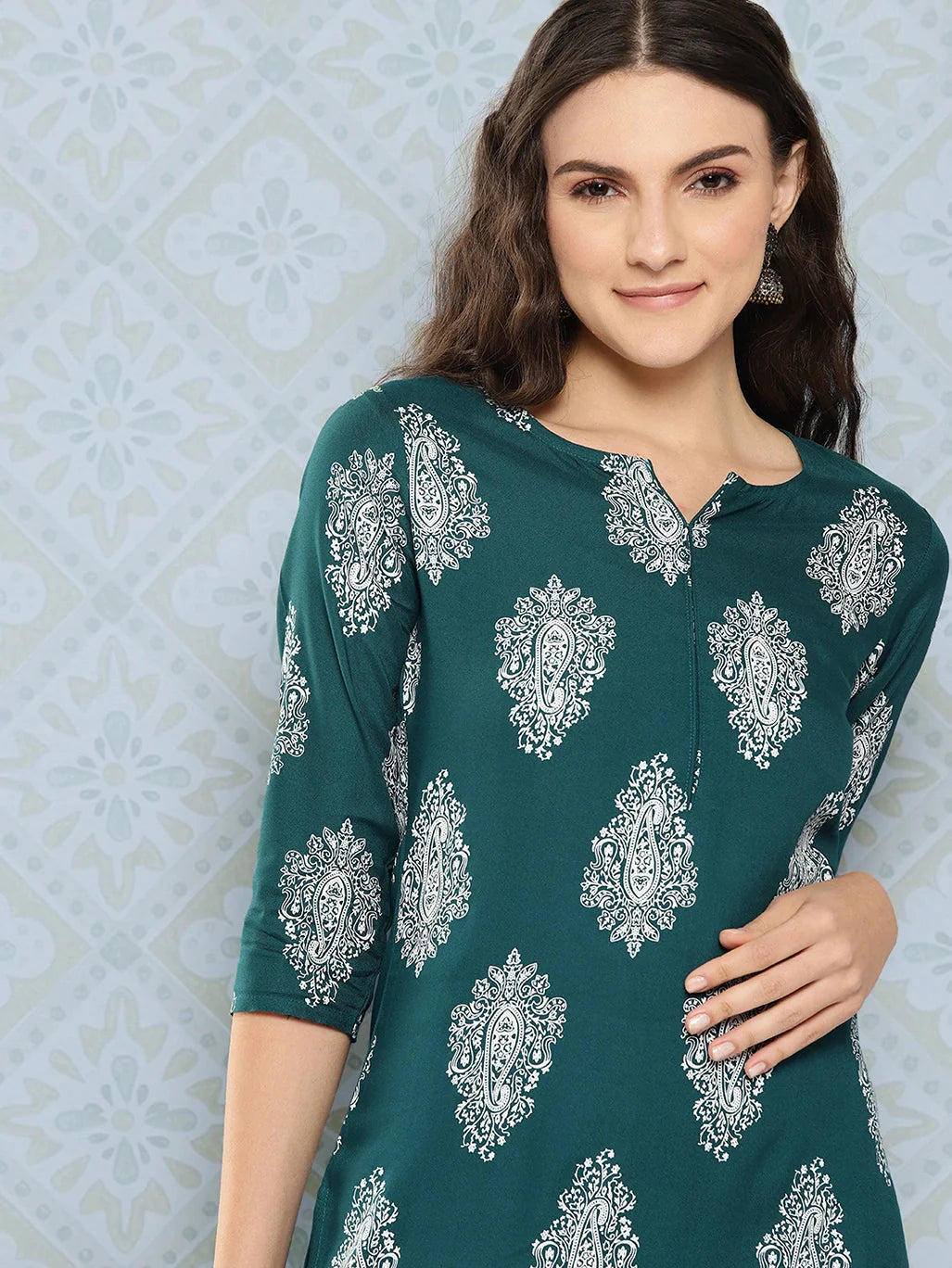 Teal Green Paisley Printed Kurta-Yufta Store-1482KURTGS