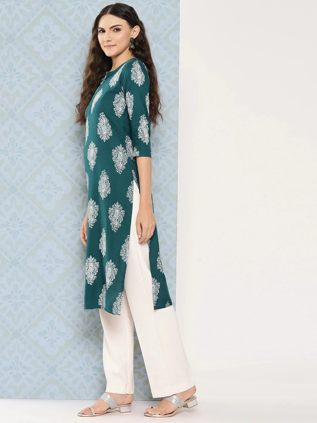 Teal Green Paisley Printed Kurta-Yufta Store-1482KURTGS