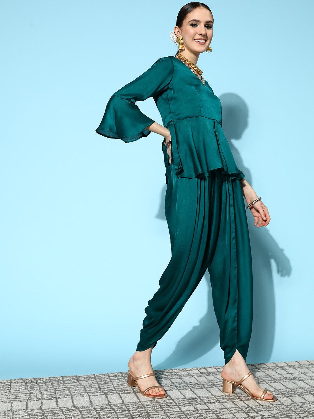 Teal Green Peplum Top With Dhoti Pants-Yufta Store-8121CRDTGXS