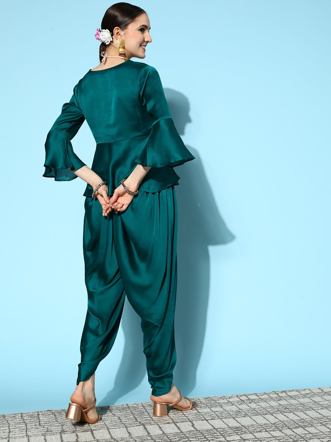 Teal Green Peplum Top With Dhoti Pants-Yufta Store-8121CRDTGXS