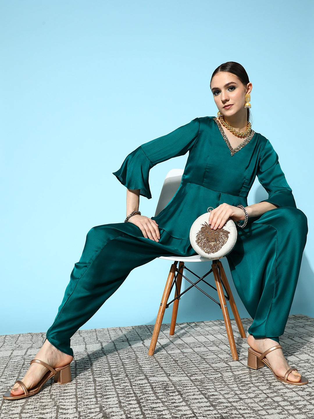 Teal Green Peplum Top With Dhoti Pants-Yufta Store-8121CRDTGXS