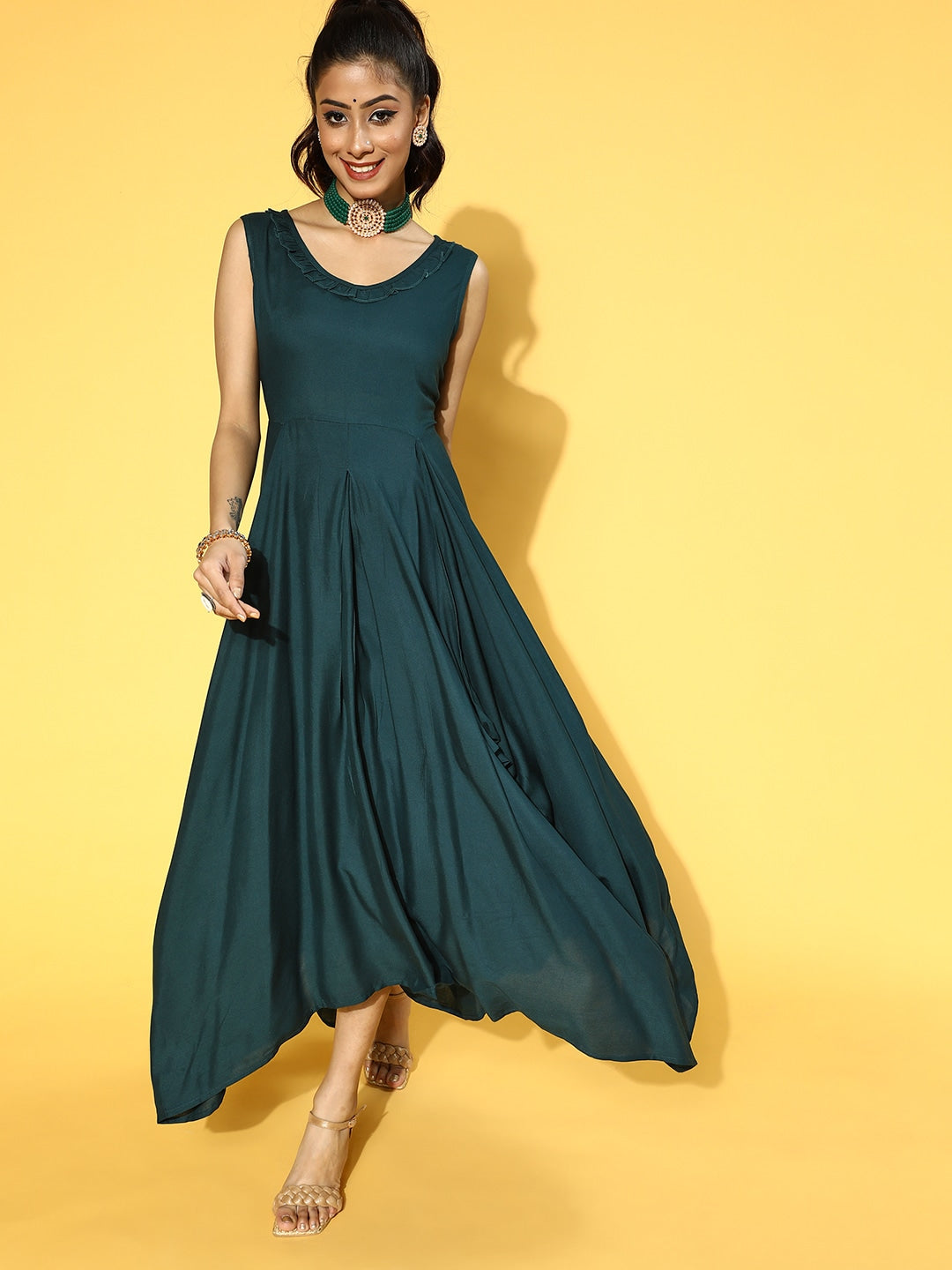 Teal Green Solid Maxi Dress-Yufta Store-9599DRSTGS