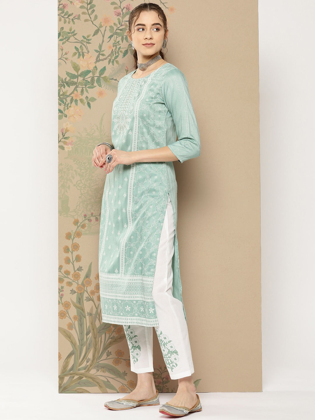 Teal Thread Work Kurta Dupatta Set-Yufta Store-1140SKDTGS