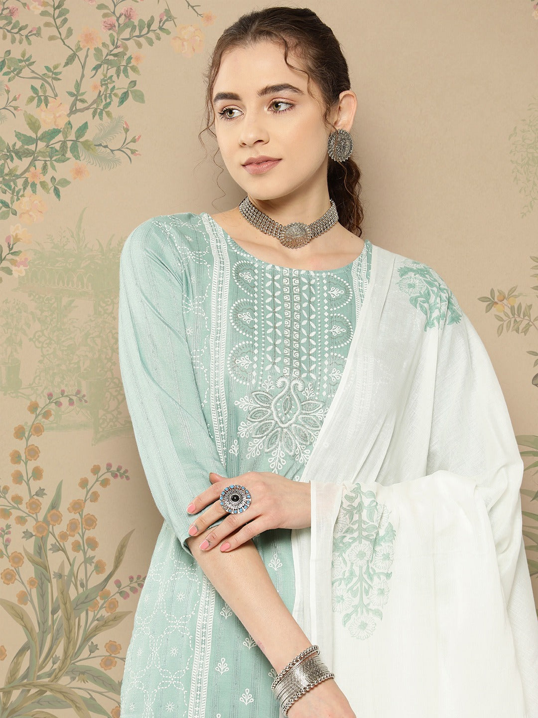 Teal Thread Work Kurta Dupatta Set-Yufta Store-1140SKDTGS