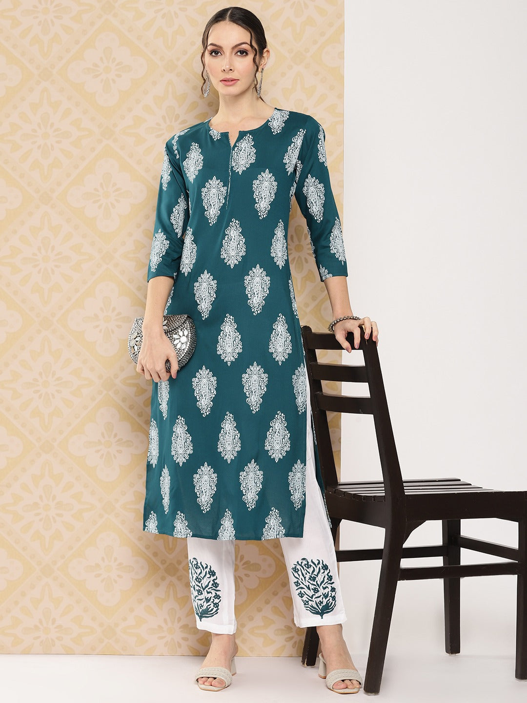 Teal Women Ethnic Motifs Printed Regular Kurta with Trousers-Yufta Store-1482SETTGS