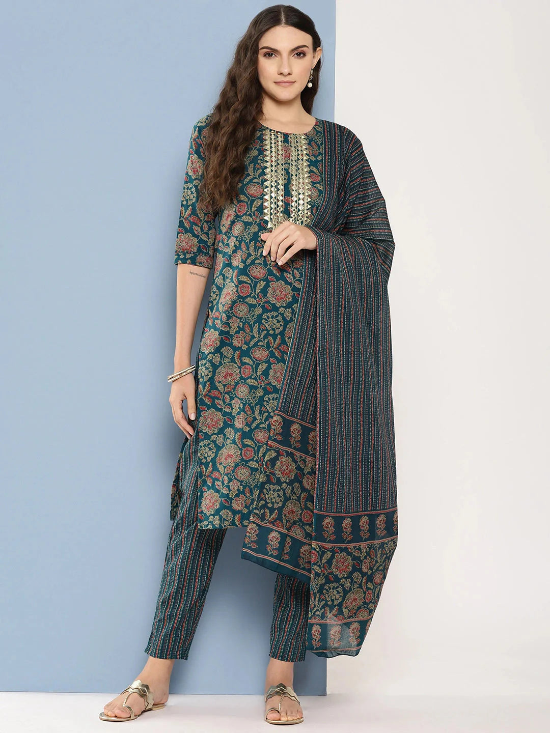 Teal green and red printed Kurta with Trousers with dupatta Set-Yufta Store-1369SKDTBS