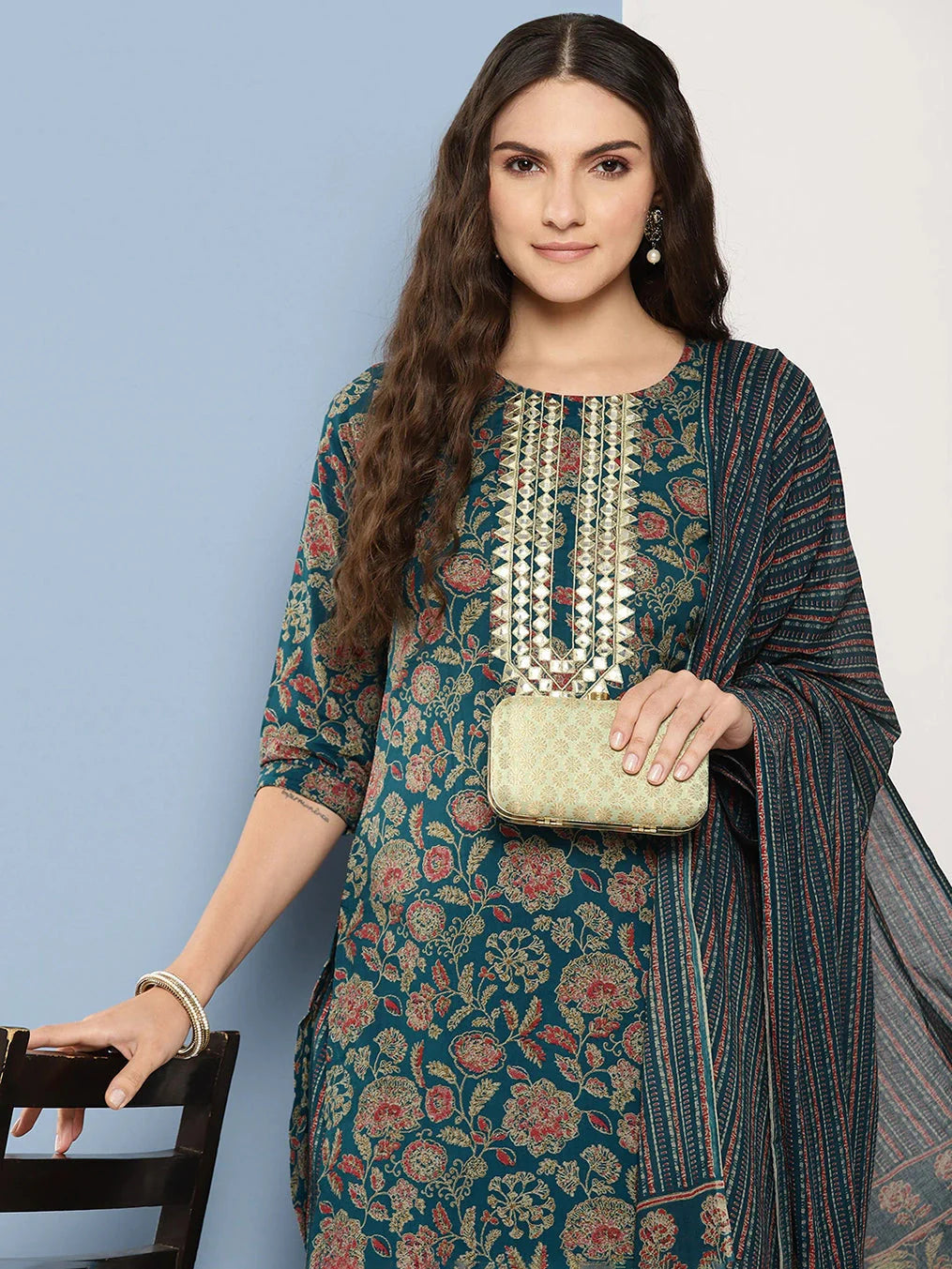 Teal green and red printed Kurta with Trousers with dupatta Set-Yufta Store-1369SKDTBS