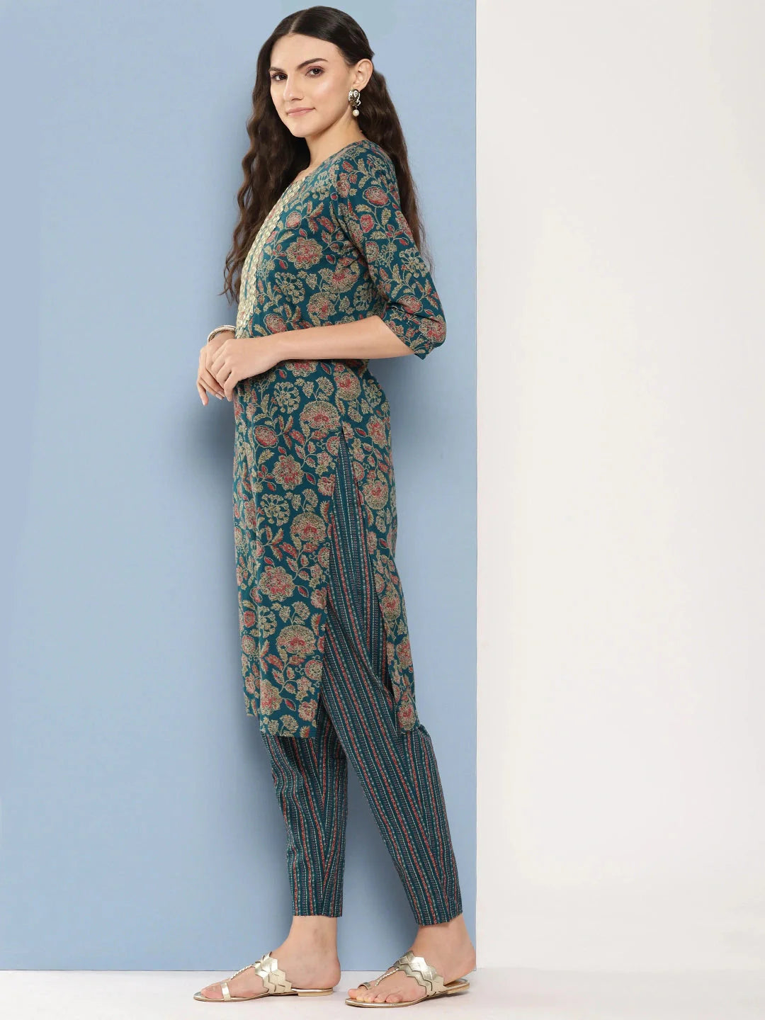 Teal green and red printed Kurta with Trousers with dupatta Set-Yufta Store-1369SKDTBS