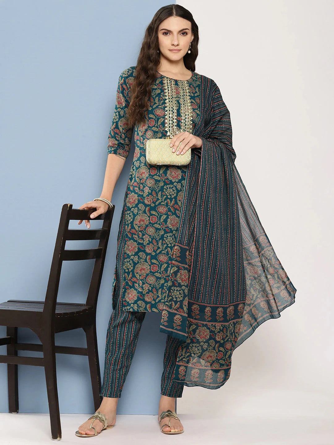 Teal green and red printed Kurta with Trousers with dupatta Set-Yufta Store-1369SKDTBS