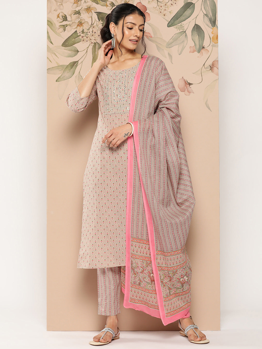 Thread Work Cotton Kurta Dupatta Set-Yufta Store-1238SKDPRS