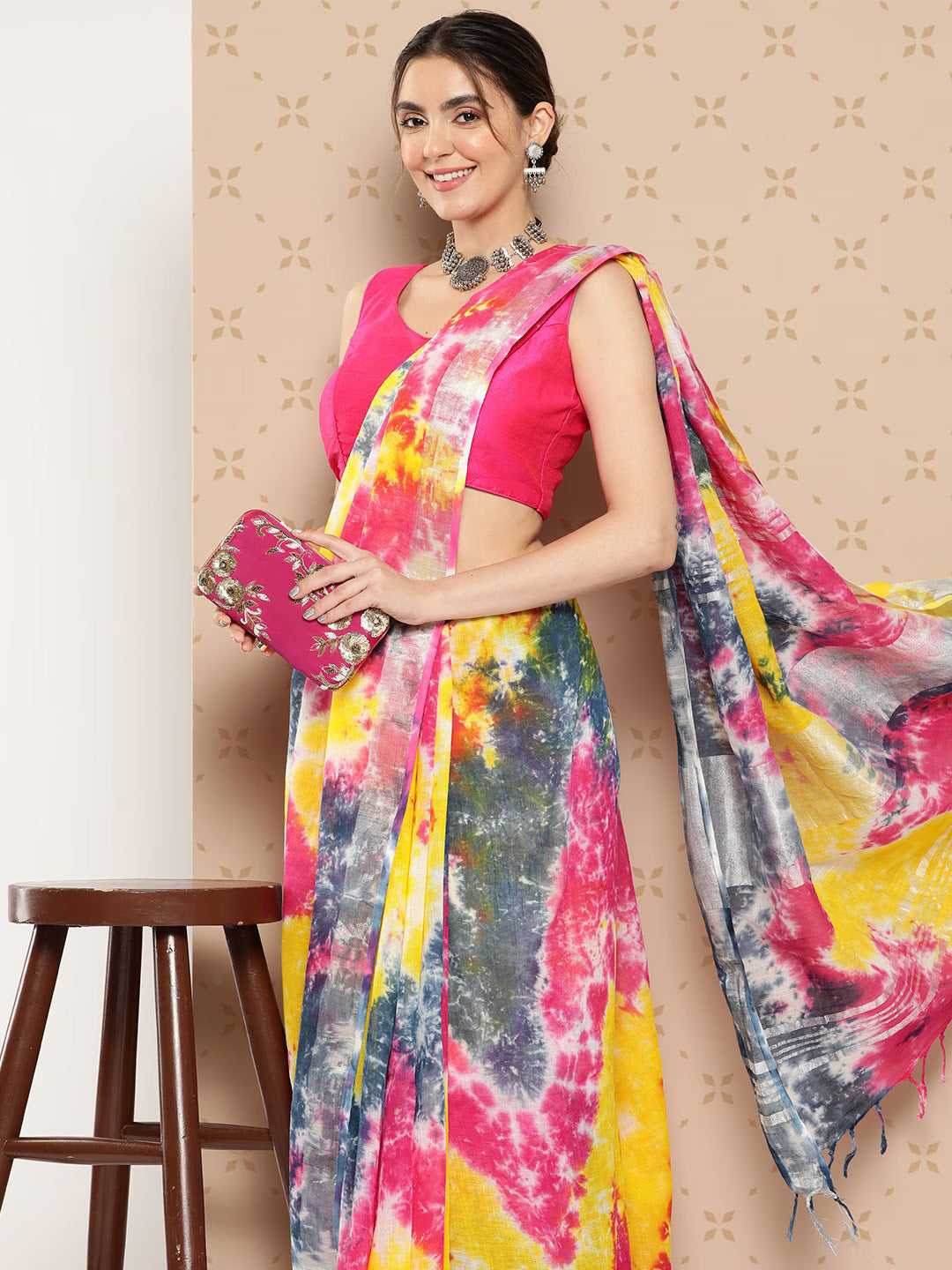 Tie & Dye Linen Cotton Saree-Yufta Store-1307SARWH