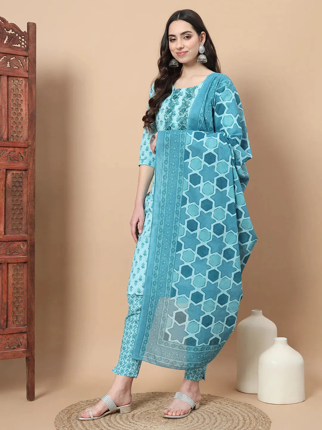 Turquoise Blue Block Print,Thread_Work Straight Kurta Trouser And Dupatta Set-Yufta Store-1742SKDTBS