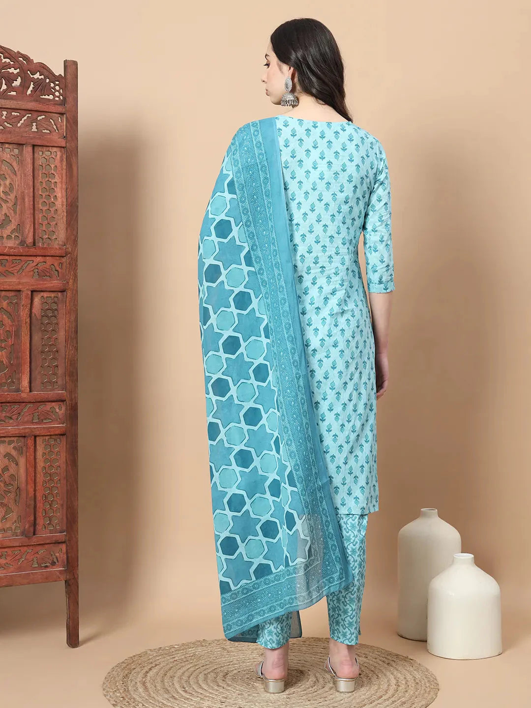 Turquoise Blue Block Print,Thread_Work Straight Kurta Trouser And Dupatta Set-Yufta Store-1742SKDTBS