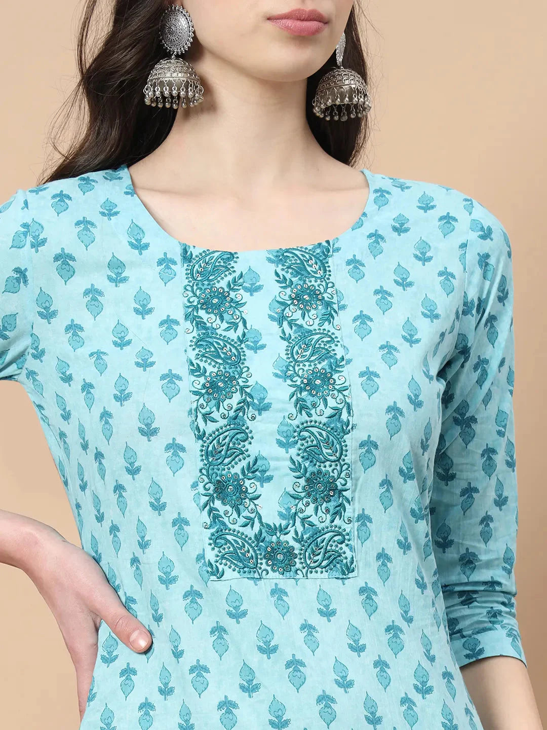 Turquoise Blue Block Print,Thread_Work Straight Kurta Trouser And Dupatta Set-Yufta Store-1742SKDTBS