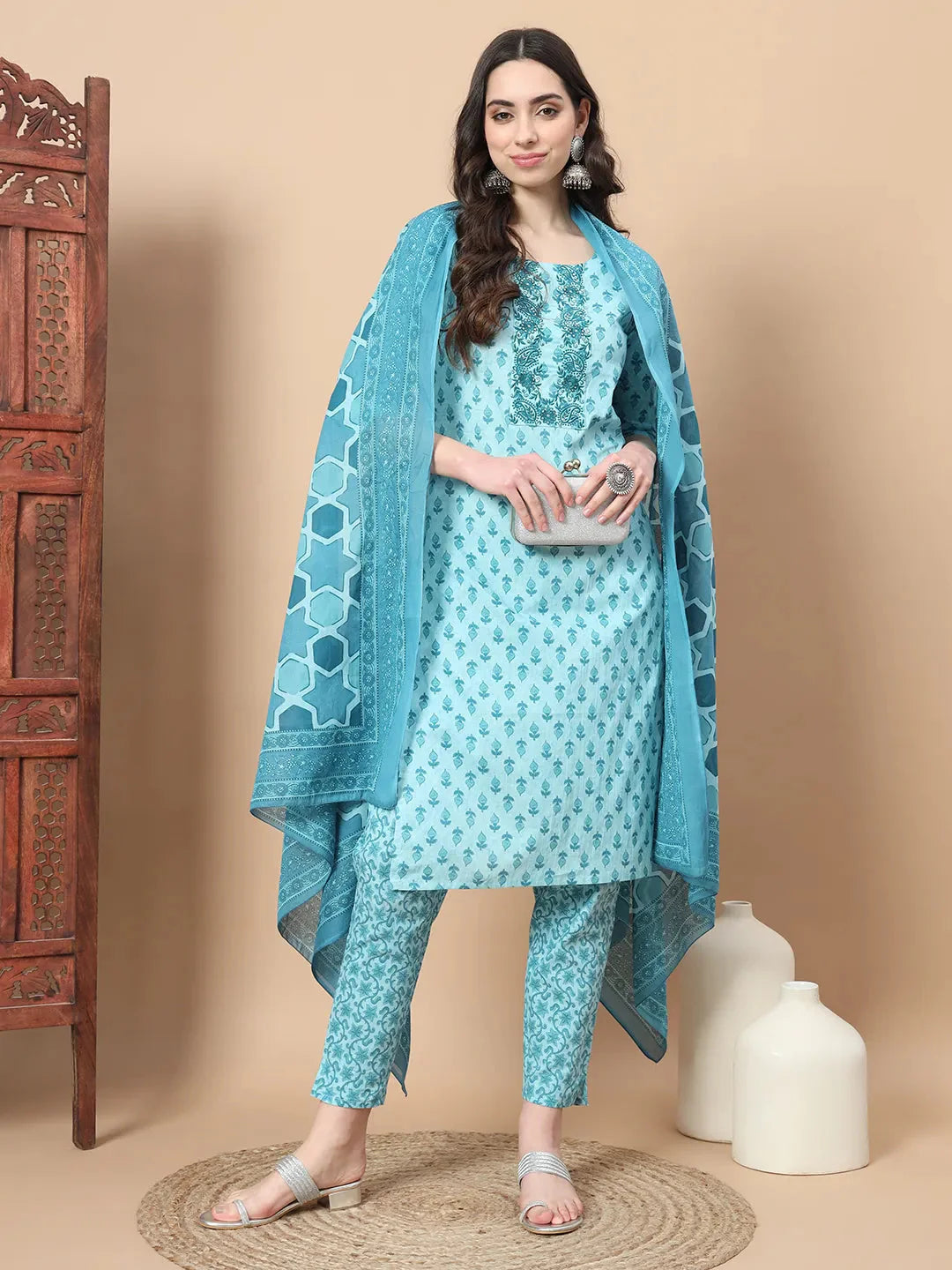 Turquoise Blue Block Print,Thread_Work Straight Kurta Trouser And Dupatta Set-Yufta Store-1742SKDTBS